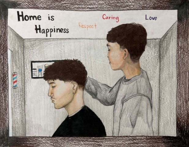 A drawing of two people in a barbershop and one is cutting the other's hair. 